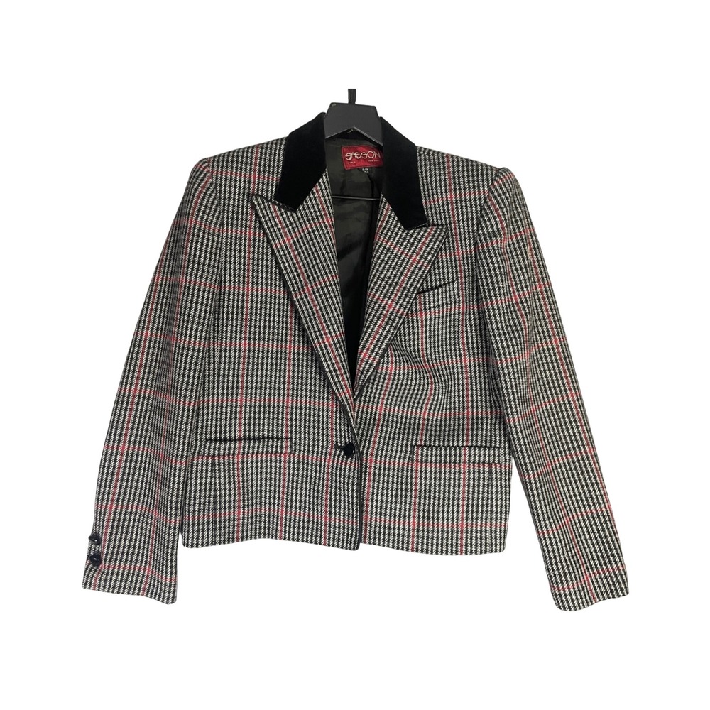 Vintage 1980s Sasson Women's 8/9 Plaid Wool Blend Blazer Velvet Collar